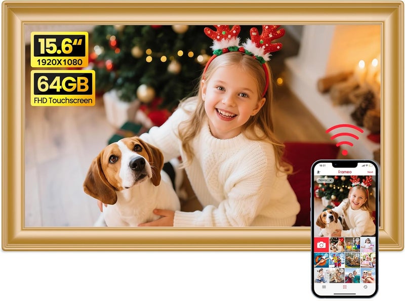 BIGASUO 64GB 15.6" Frameo Digital Picture Frame WiFi, Large Electronic Photo Frames Golden 1920 x 1080 IPS FHD Touch Screen, Send Photos from Your Phone from Anywhere, Best Gifts for Family and Friends - Image 1